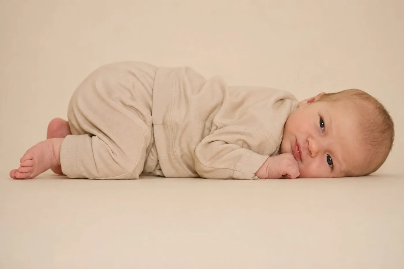 Pasgeboren baby in zachte beige kleding